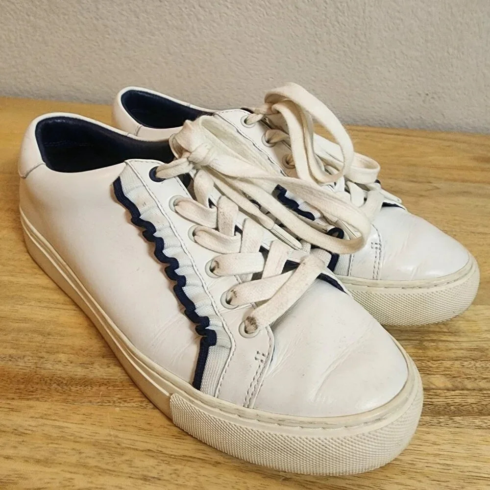 Tory Sport Shoes Womens Size 7.5 White Navy Leather Lace Up Low Top Sneakers